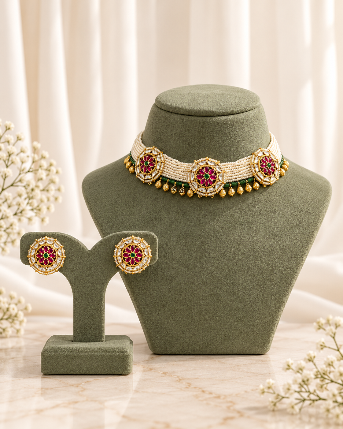 Red Floral Jadau Choker Necklace